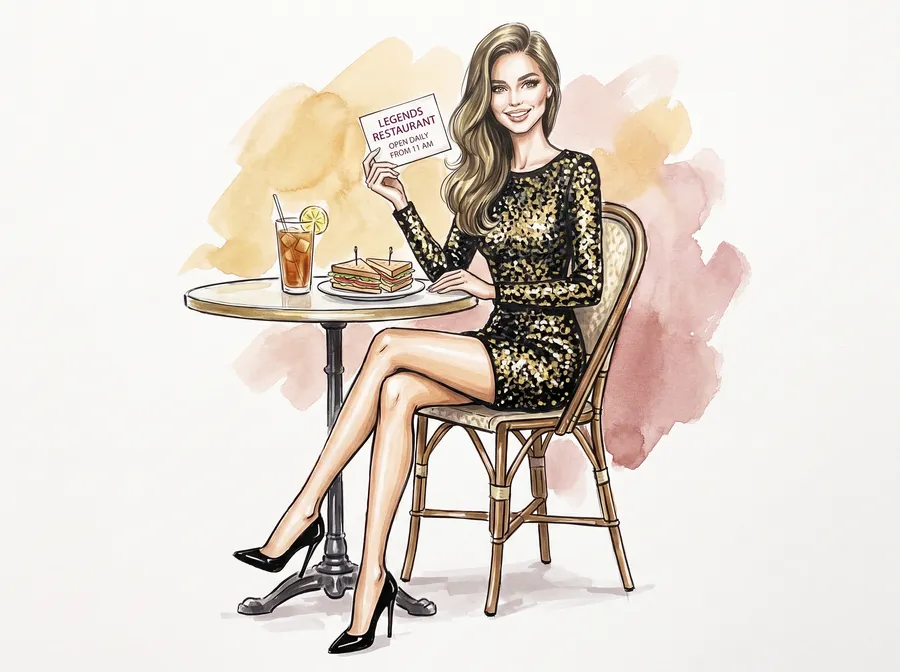 Woman at a café table holding a Legends card