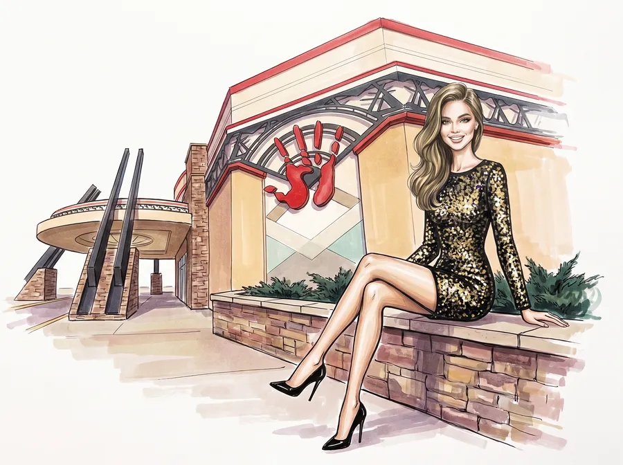 Woman by the red hand facade of Painted Hand Casino