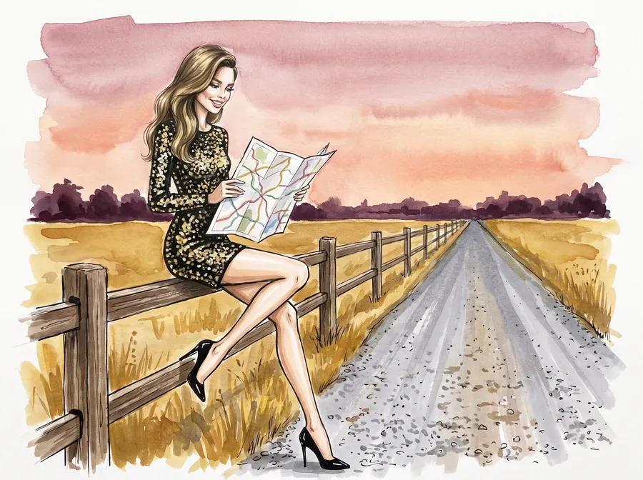 Woman on a fence by a prairie road at sunset